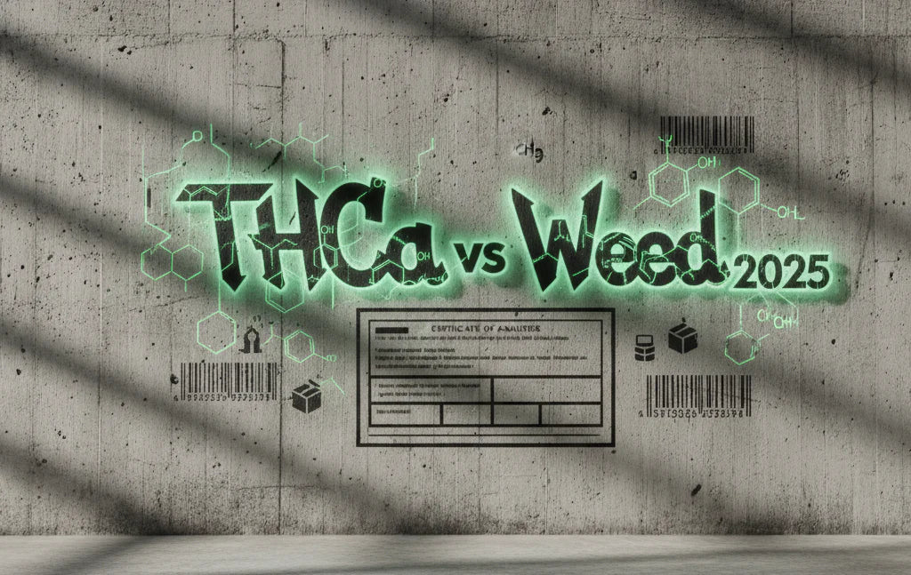 Graffiti art reading ‘THCa vs Weed 2025’ with glowing green molecular lines, hemp label and shipping icons blended into the design — StreetStem’s science-meets-culture aesthetic