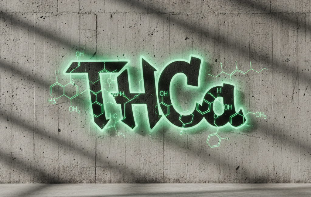 Graffiti-style THCa logo with glowing green molecular bonding structures on a concrete wall — representing StreetStem’s fusion of hemp science and urban culture