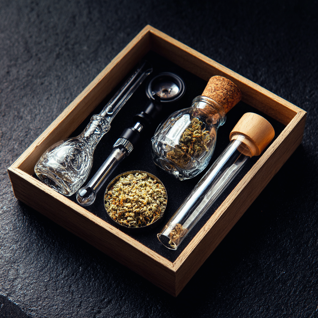 Smoking accessories set with glass pipe, grinder, and storage jars from StreetStem.