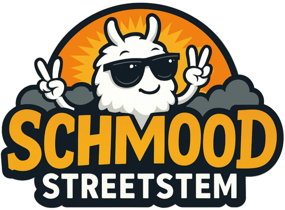 Schmood StreetStem logo with mascot wearing sunglasses and peace sign.
