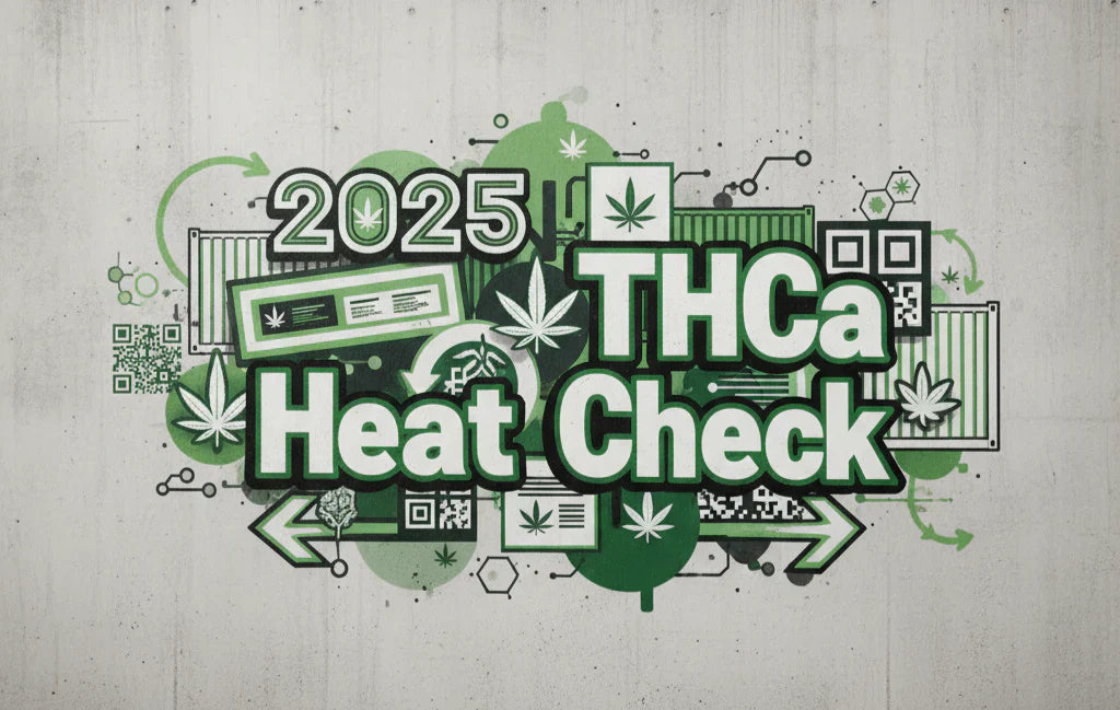Graffiti mural reading ‘2025 THCa Heat Check’ with green glow and molecular and label motifs — StreetStem’s mix of hemp science and street culture.